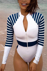 Maillot de bain une pièce patchwork à rayures et fermeture éclair